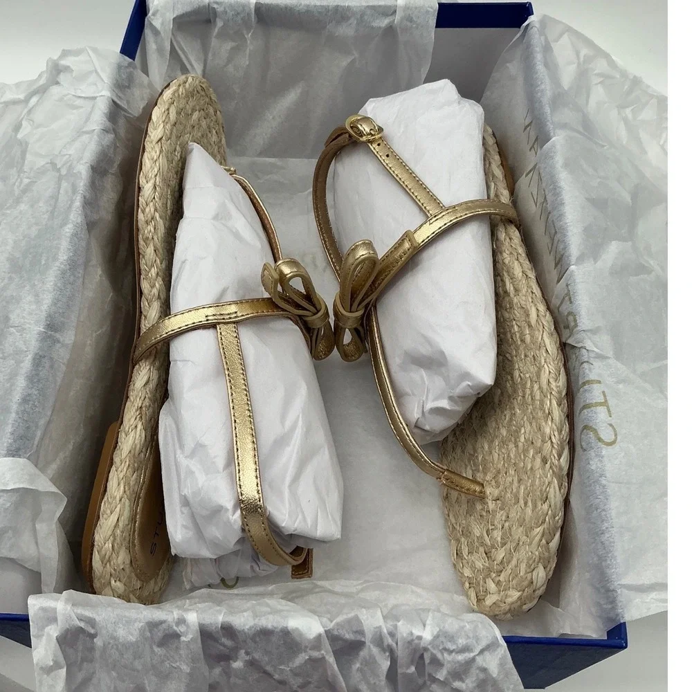 Stuart Weitzman Felicity Gold Metallic Leather Bow Espadrille‎ Sandals size 6